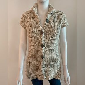 Kenneth Cole Short Sleeve Button Sweater, Beige and White, Women's Size M